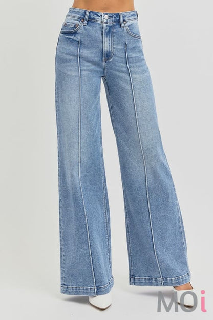 Risen High Waist Wide Leg Pintuck Jeans