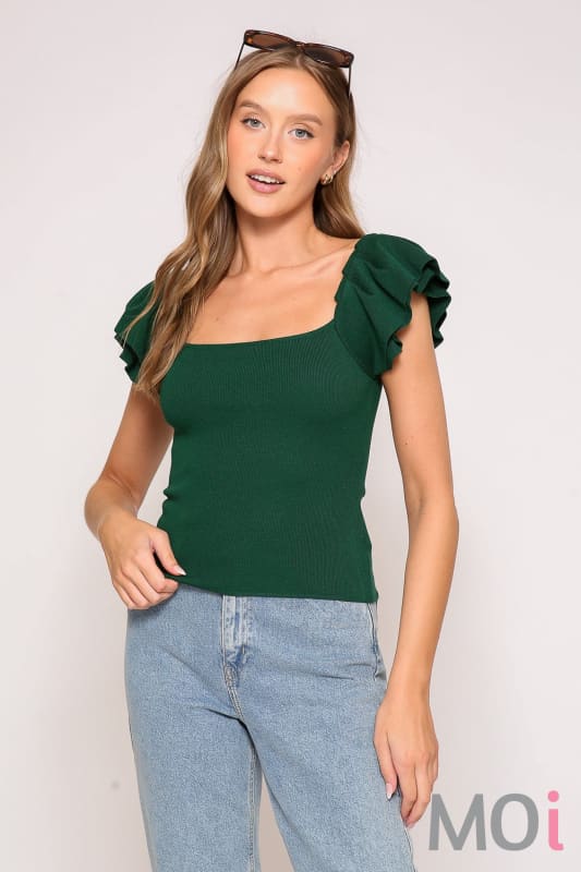 Ruffled Tiered Cap Sleeve Ribbed Knit Sweater Top