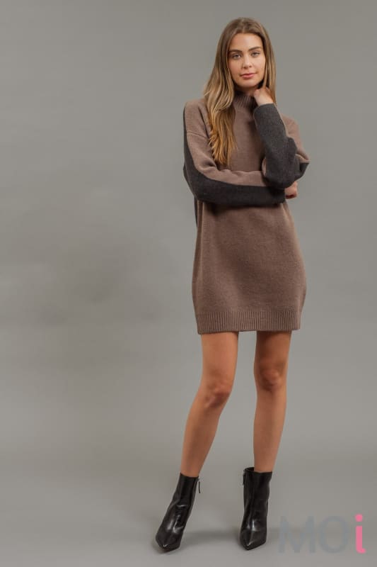 Color Block Mock Neck Sweater Dress