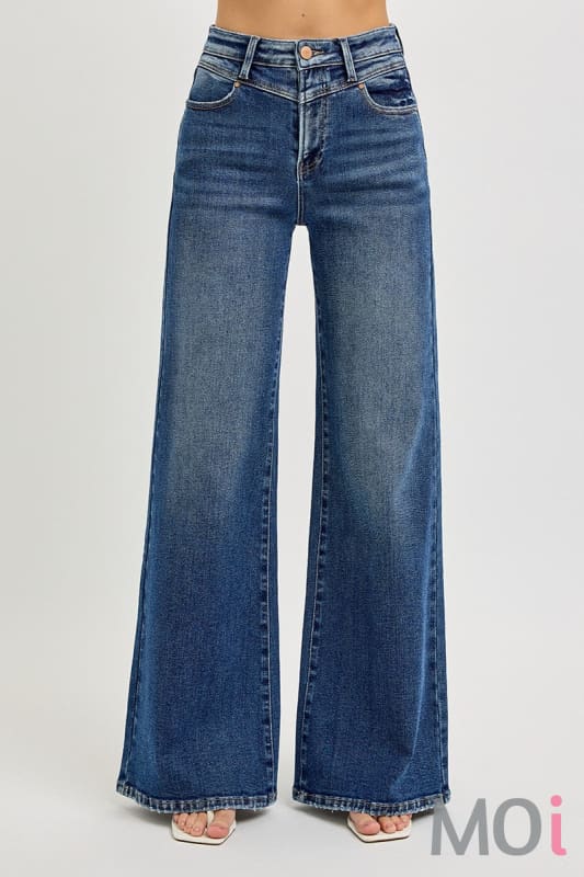 High Rise Wide Front Yoke Detailed Jeans