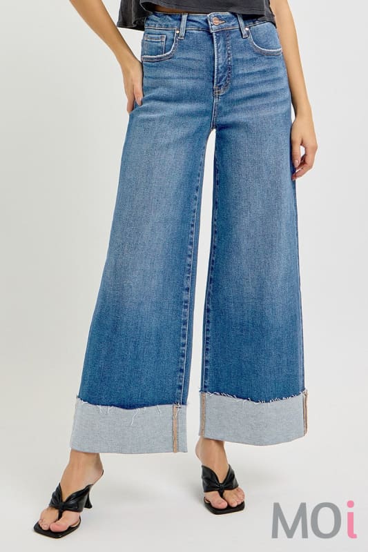 Tummy Control High Rise Crop Wide Cuffed Jeans