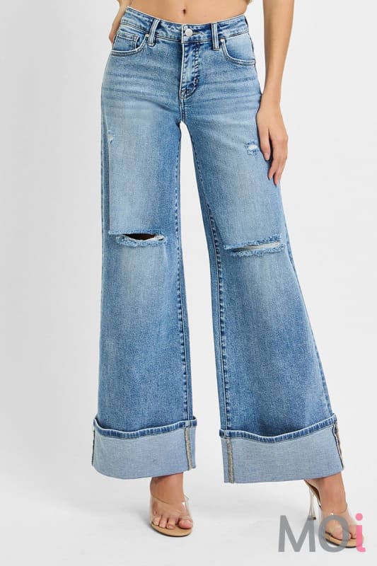 Tummy Control Mid Rise Wide Cuffed Jeans