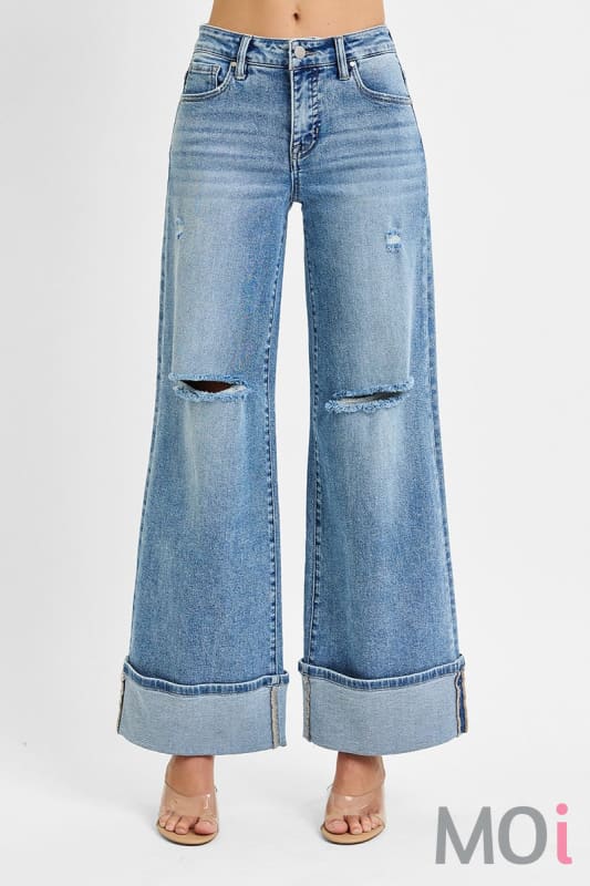 Tummy Control Mid Rise Wide Cuffed Jeans