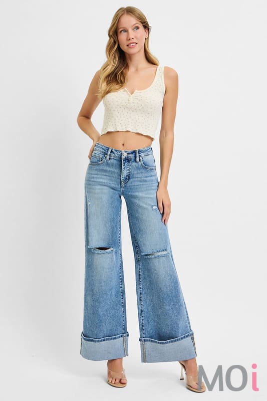 Tummy Control Mid Rise Wide Cuffed Jeans