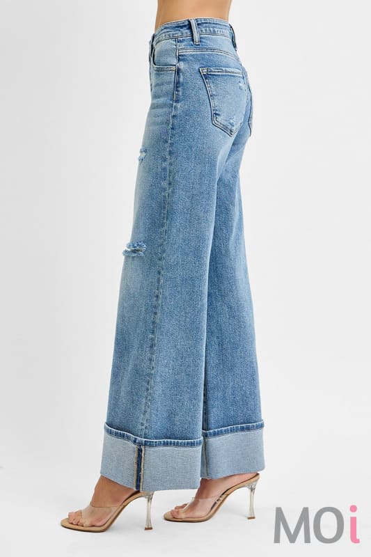 Tummy Control Mid Rise Wide Cuffed Jeans