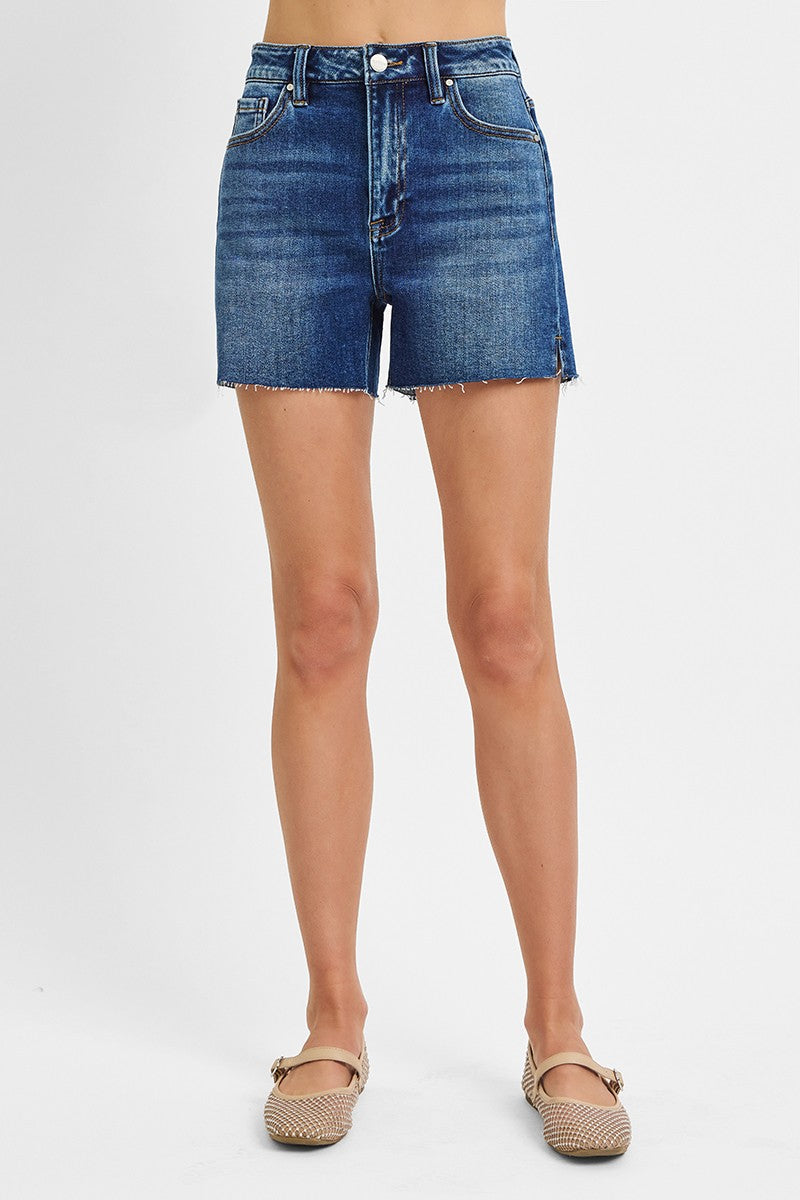 High Rise Raw Cut Hem Side Slit Shorts