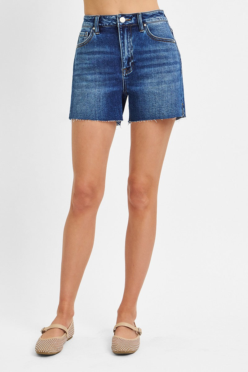High Rise Raw Cut Hem Side Slit Shorts