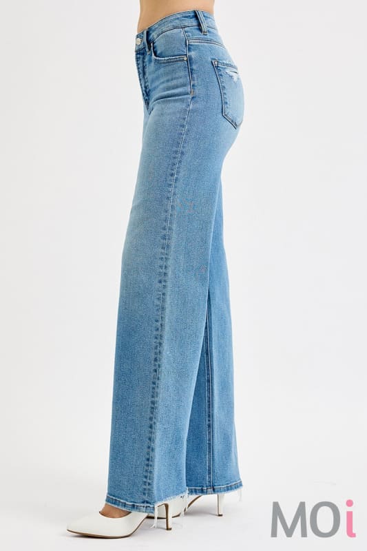 Tummy Control High Rise Wide Leg Knee Distress Jeans