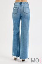 Tummy Control High Rise Wide Leg Knee Distress Jeans