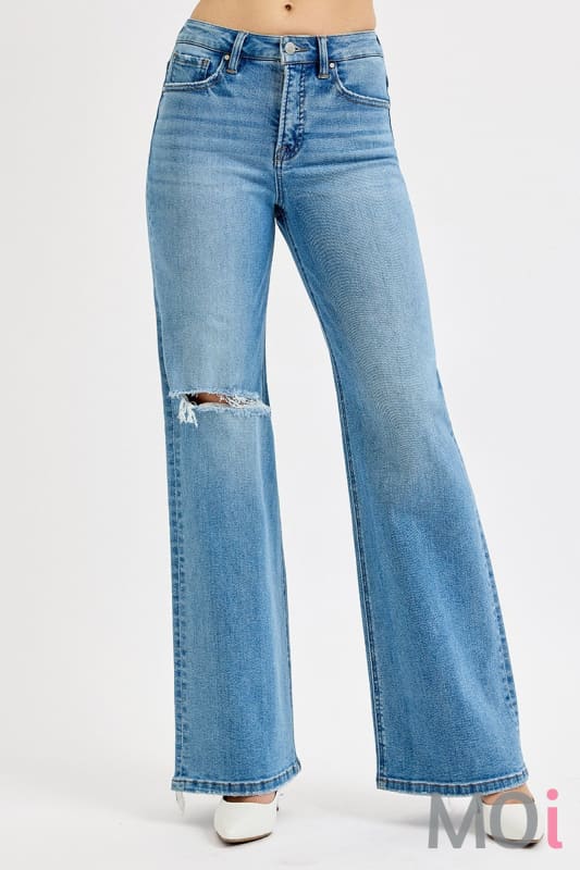 Tummy Control High Rise Wide Leg Knee Distress Jeans