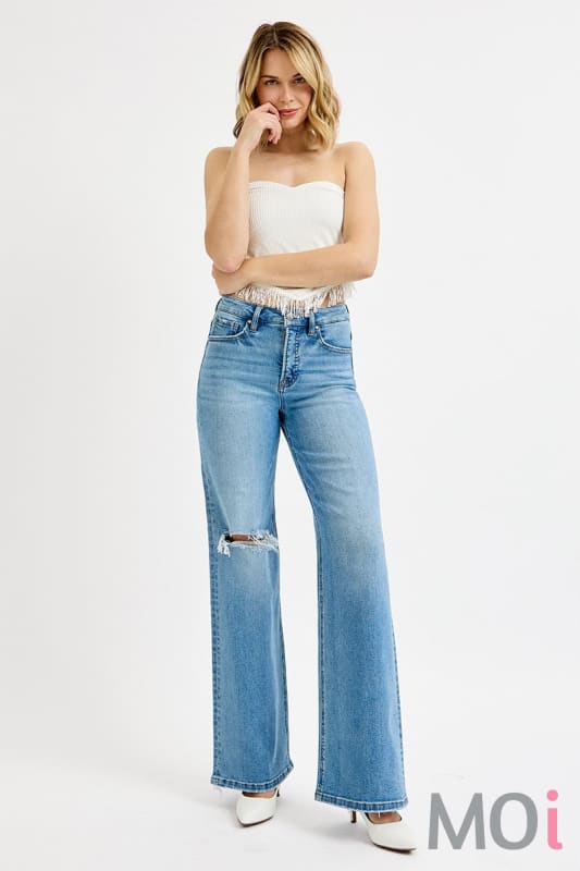 Tummy Control High Rise Wide Leg Knee Distress Jeans