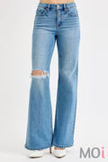 Tummy Control High Rise Wide Leg Knee Distress Jeans