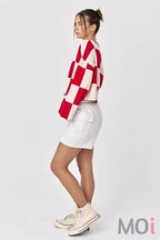 Sarah Round Neck Checkered LS Top