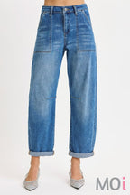 Mid Rise Relaxed Barrel Patch Pocket Jean