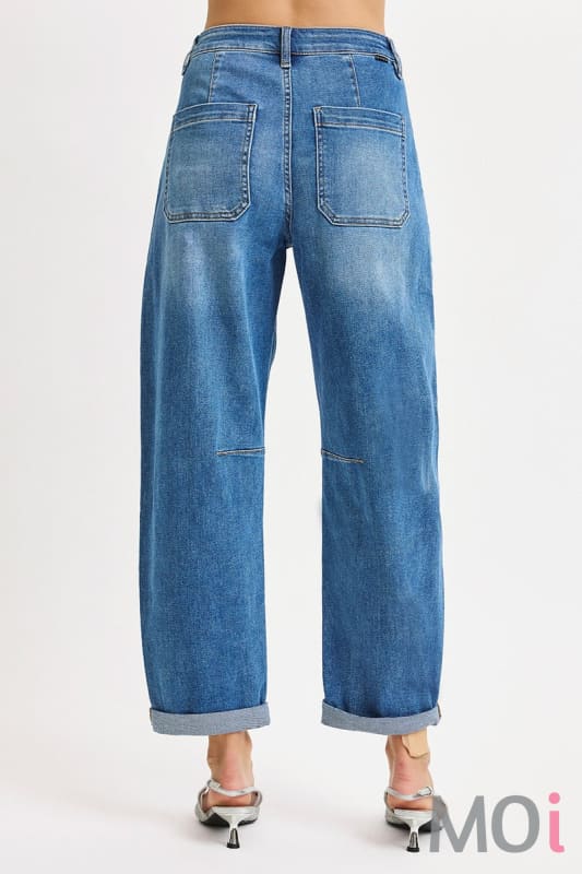 Mid Rise Relaxed Barrel Patch Pocket Jean