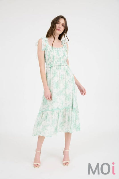 Floral Smocked Sweetheart Ruffle Trim Midi Dress