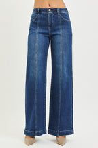 Mid Rise Wide Leg Jeans W/Front Seam Detail