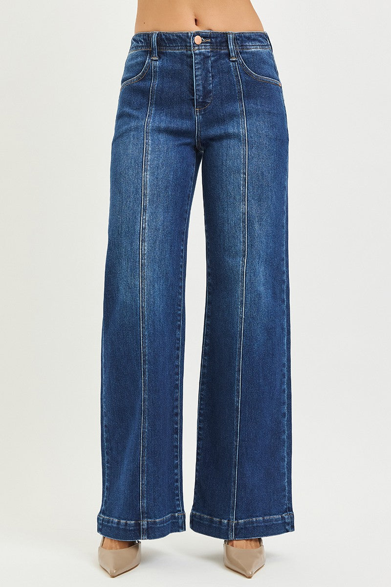 Mid Rise Wide Leg Jeans W/Front Seam Detail