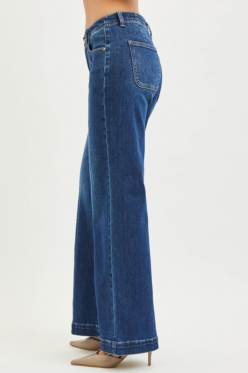Mid Rise Wide Leg Jeans W/Front Seam Detail