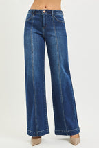 Mid Rise Wide Leg Jeans W/Front Seam Detail