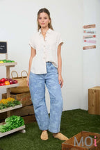 Collared Ruched Shoulder Top