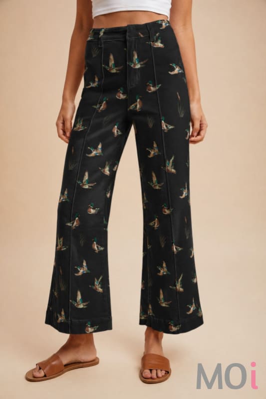 Black Mallard Print Stretch Denim Pants