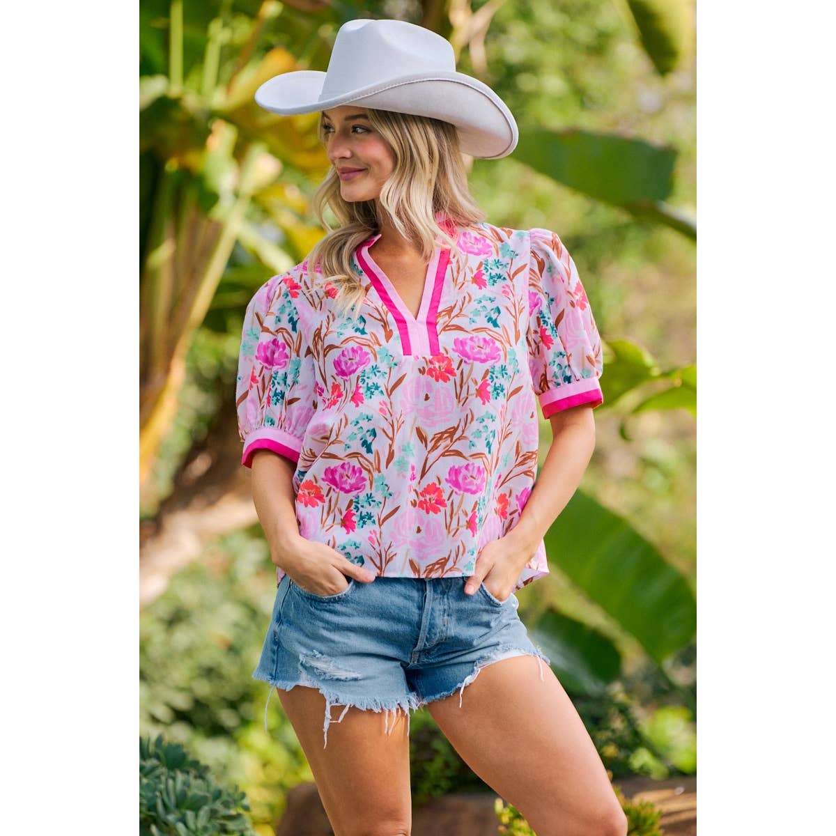 Flower Printed Woven Contrast Top
