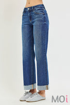 Mid Rise Ankle Straight Cuffed Jeans