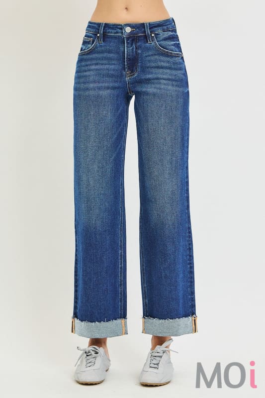 Mid Rise Ankle Straight Cuffed Jeans
