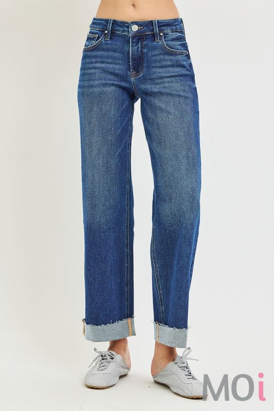 Mid Rise Ankle Straight Cuffed Jeans