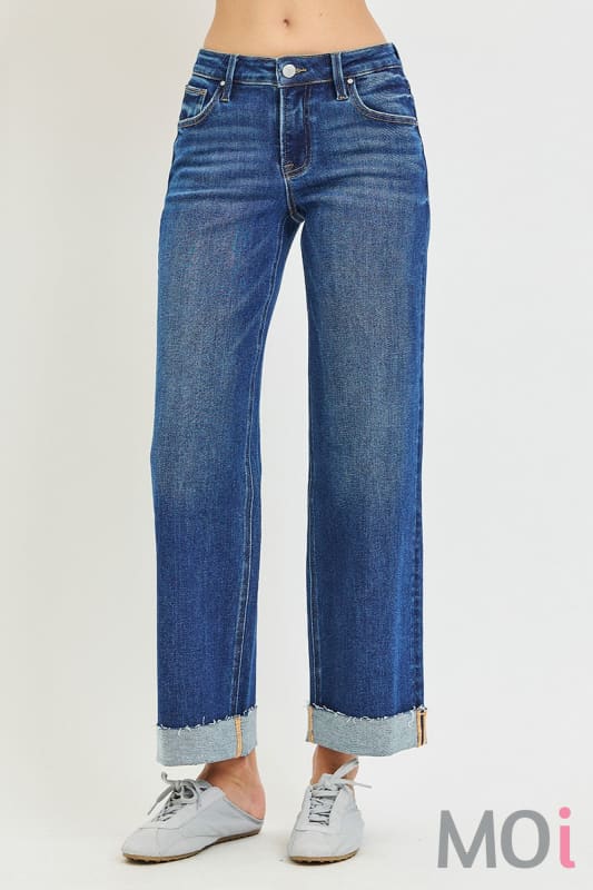 Mid Rise Ankle Straight Cuffed Jeans