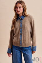 Denim Contrast Sweater Cardigan