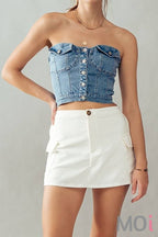 BUTTON FRONT DENIM CROP TUBE TOP