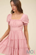 Square Neck Smocked Detail Tiered Mini Dress