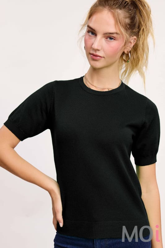 Soft Short Puffy Sleeve Basic Stretchy Knit Top