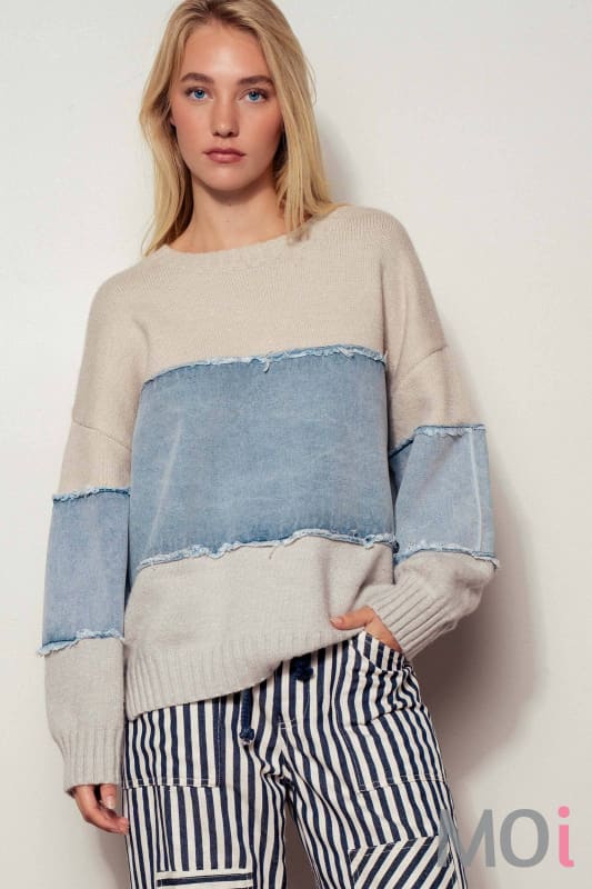 Colorblock Distressed Denim Patchwork Knit Sweater