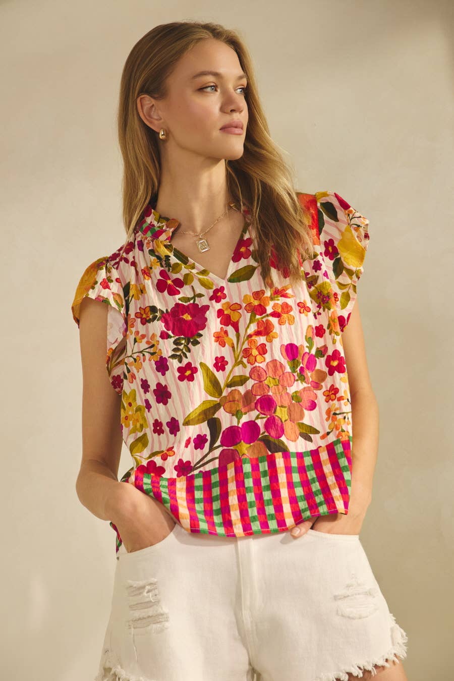 Floral Border Printed Flutter Sleeve Blouse