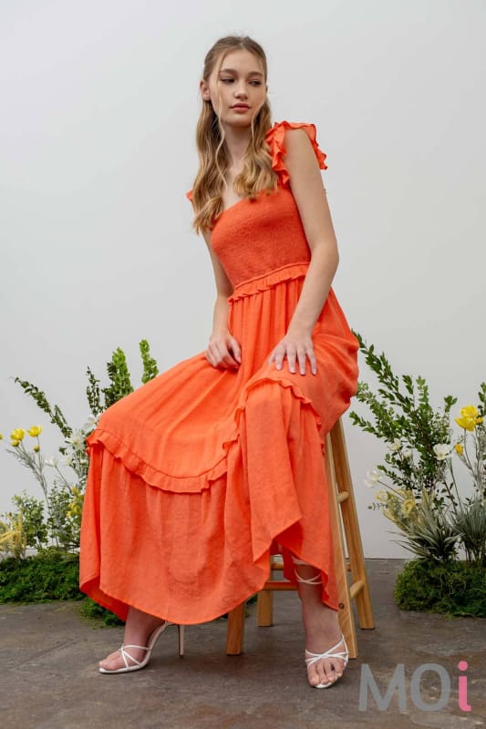 FLUTTER SLEEVE SMOCKED MIDI DRESS