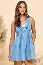 Front Pleated V Neck Sleeveless Denim Romper
