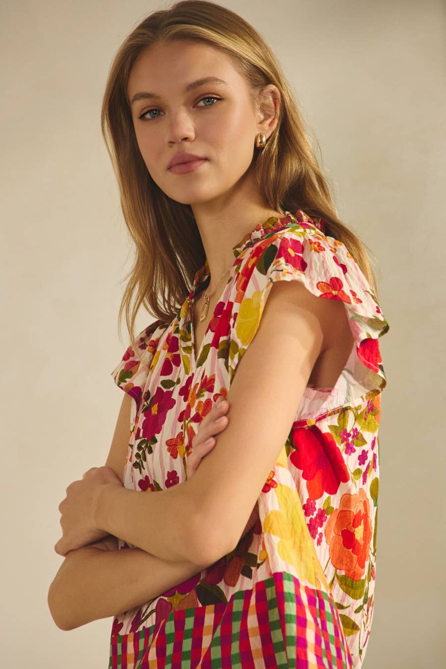 Floral Border Printed Flutter Sleeve Blouse