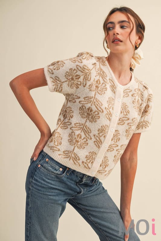 Floral Puff Sleeve Sweater Cardigan