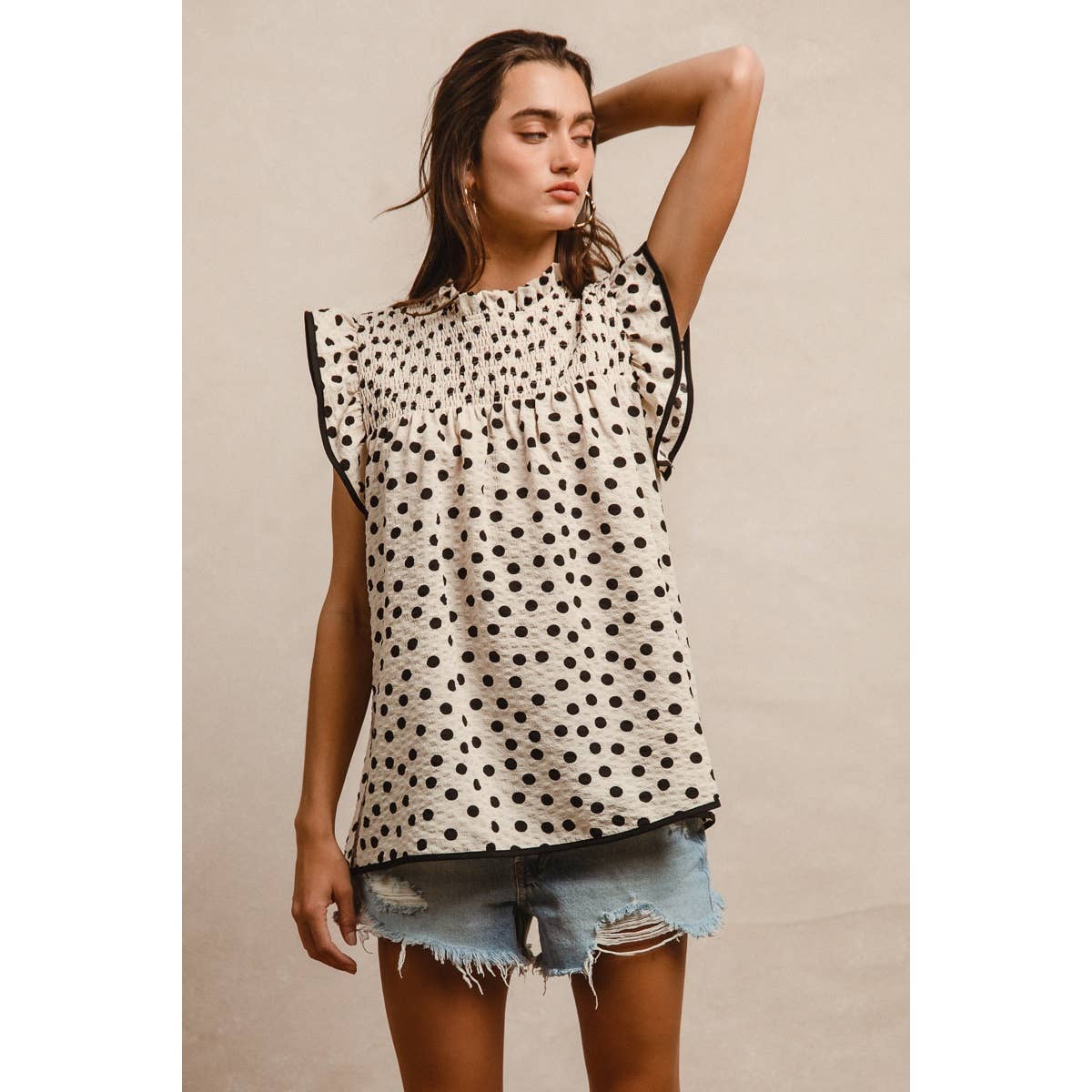 Dot Printed Smocked Yoke Top