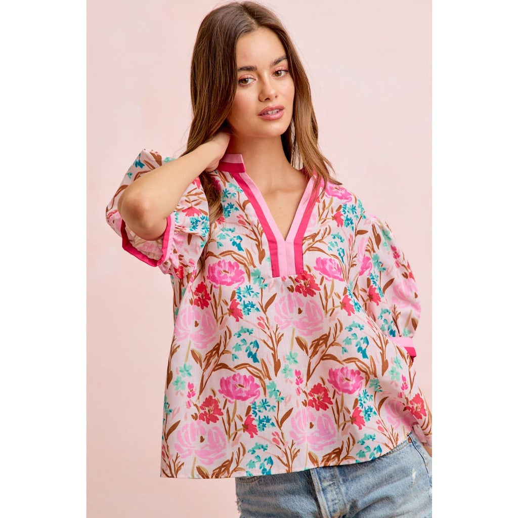 Flower Printed Woven Contrast Top