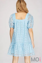 Puff Sleeve Grid Pattern Dress