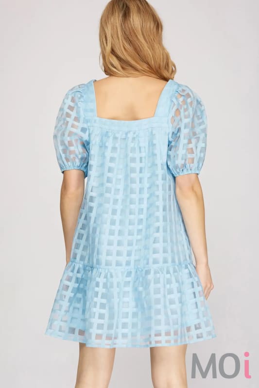 Puff Sleeve Grid Pattern Dress