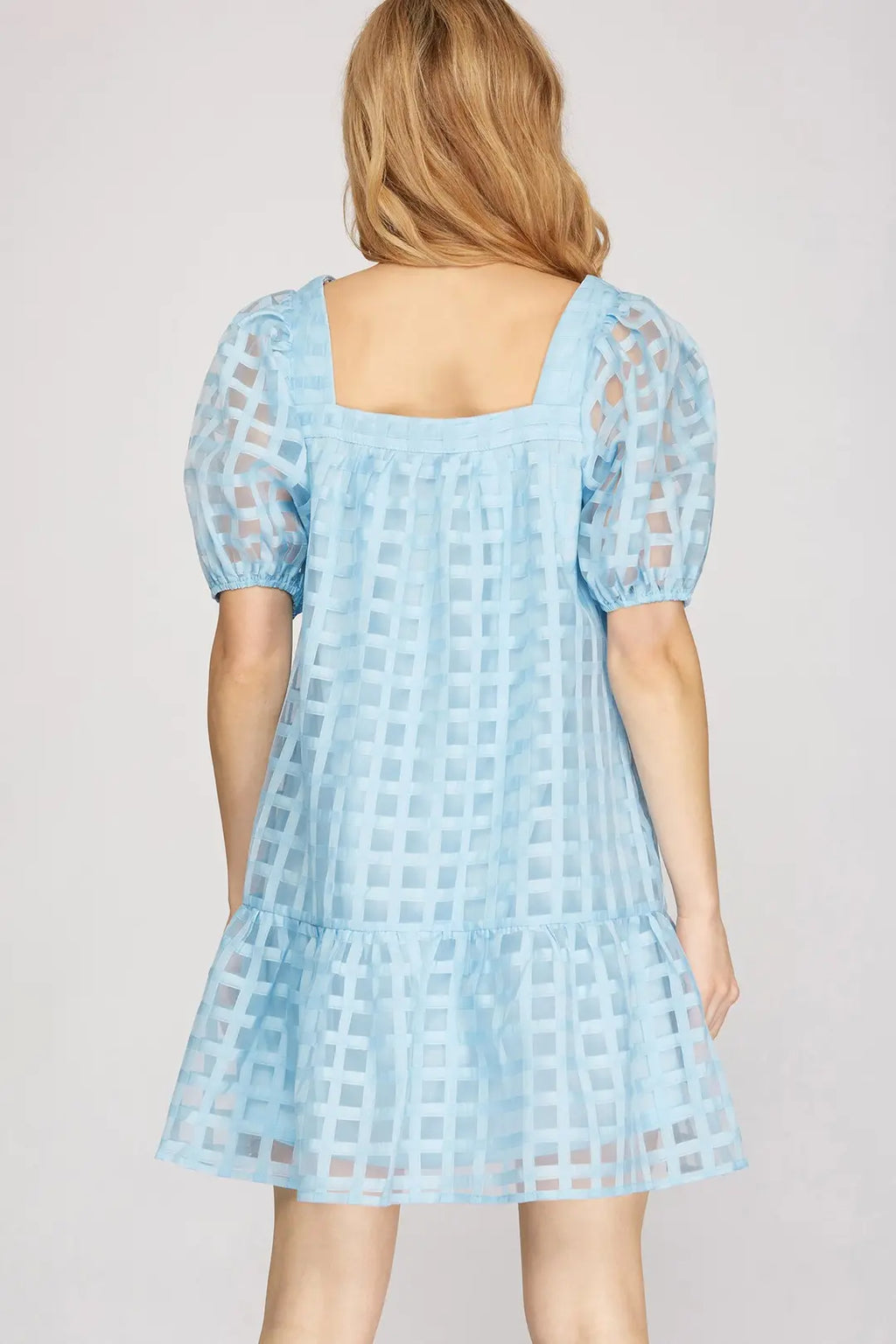 Puff Sleeve Grid Pattern Dress