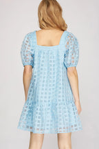 Puff Sleeve Grid Pattern Dress