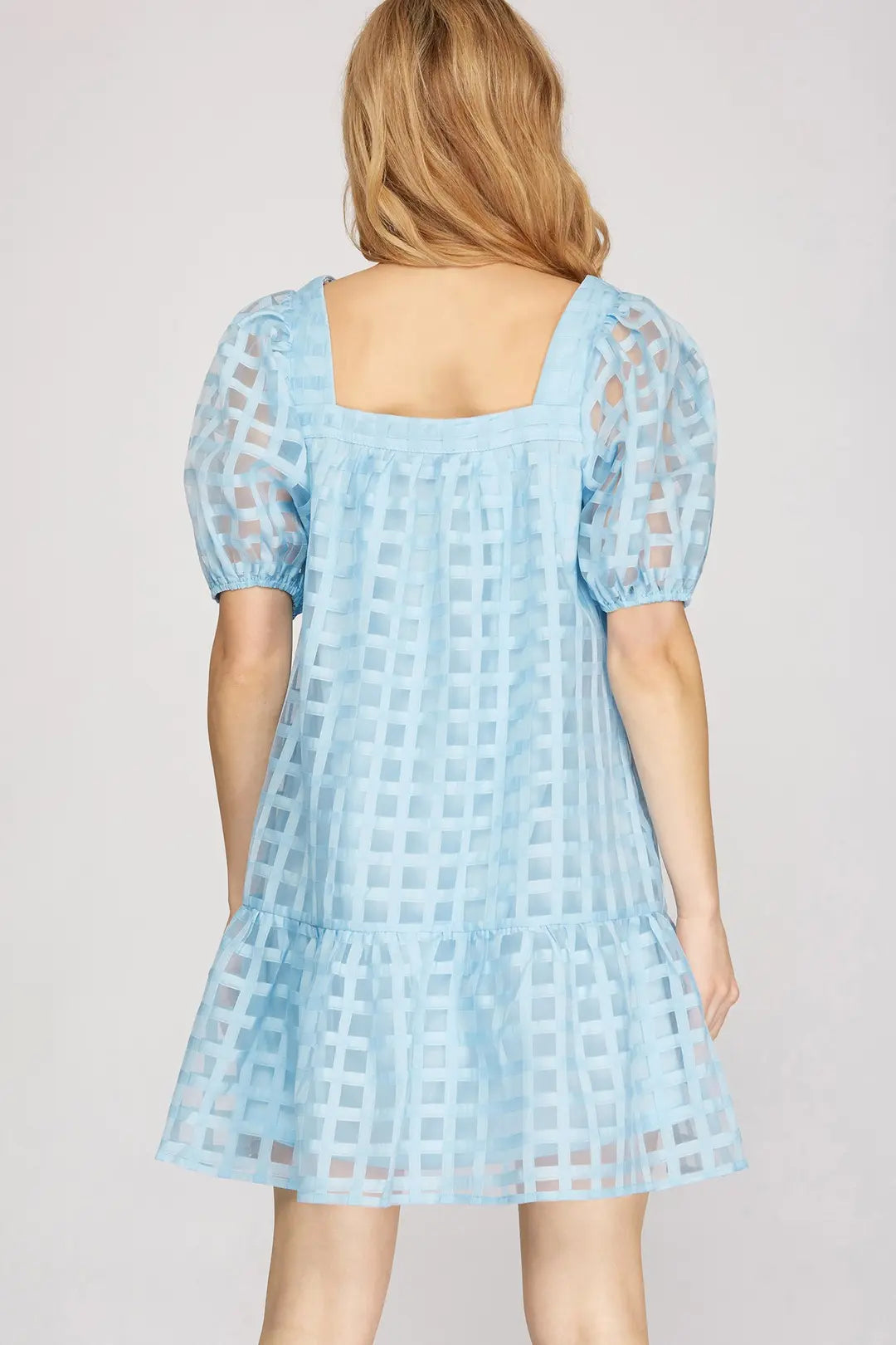 Puff Sleeve Grid Pattern Dress