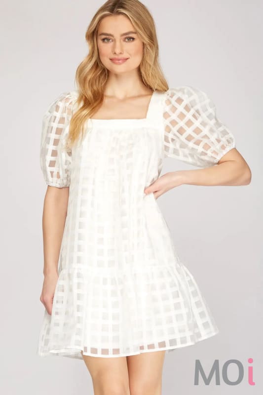 Puff Sleeve Grid Pattern Dress