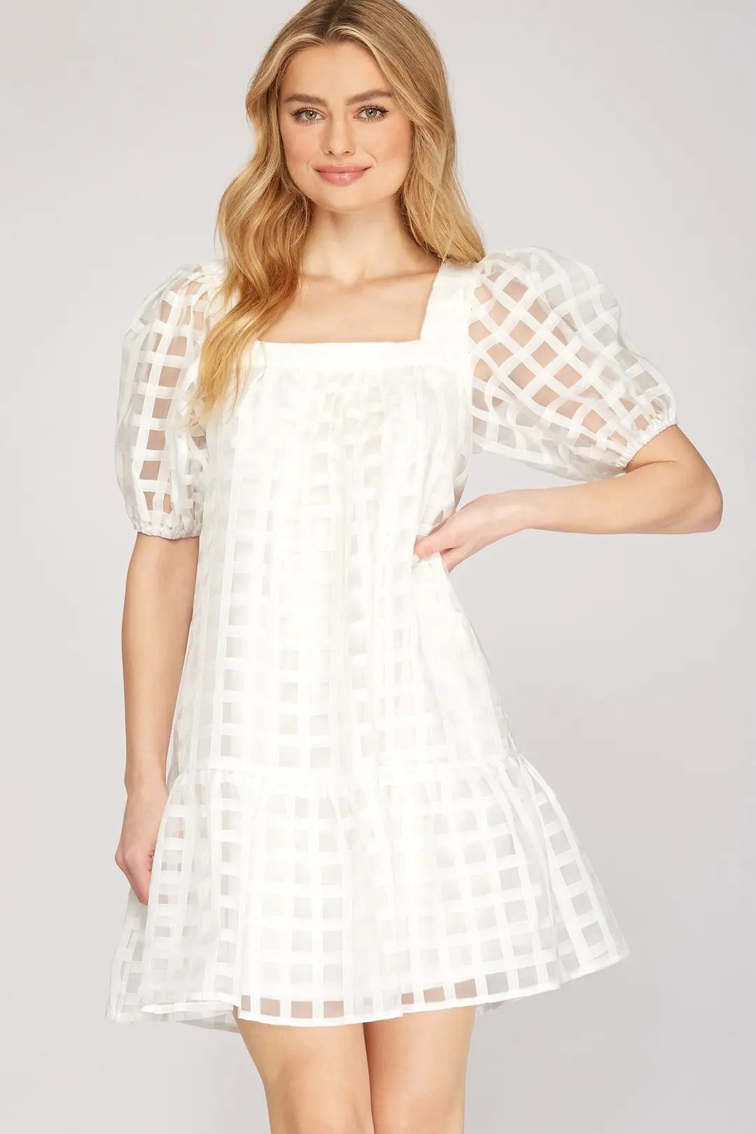 Puff Sleeve Grid Pattern Dress
